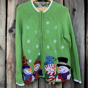 Tiara Knit Ugly Christmas Sweater Cardigan Green Women Size L Beaded Snowman VTG